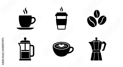 Obraz na plátne Minimalist coffee icon set, black vector cafe symbols, hot espresso cup and moka