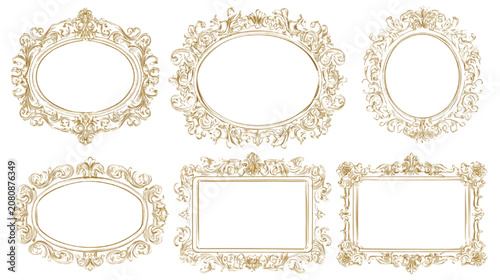 Picture frames featuring ornate golden carvings provide an elegant border for showcasing artistic portraits or vintage photographs in a classic gallery setting.