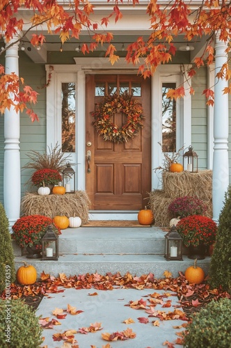 Front Porch Decorated for Autumn With Pumpkins and Leaves in a Colorful Setting