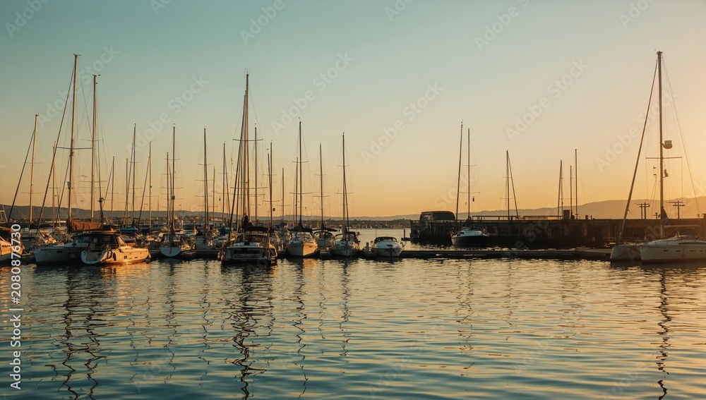 Fototapeta premium Sailboats Docked at Harbor During Sunset With Calm Waters in the Background
