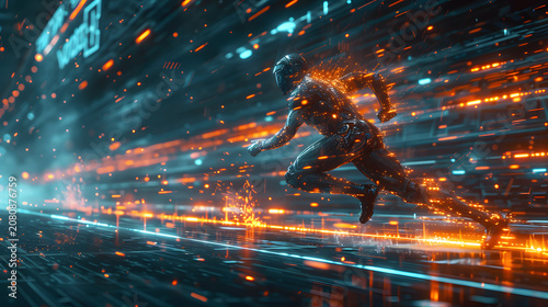 Conceptual Digital Artwork of Cybernetic Athlete Racing at Full Speed, Futuristic Arena, Motion Blur, Sci-Fi Sports Theme
