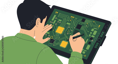 Engineer Designing Electronic Circuit Board on Digital Tablet - Hardware Development and PCB Layout Illustration