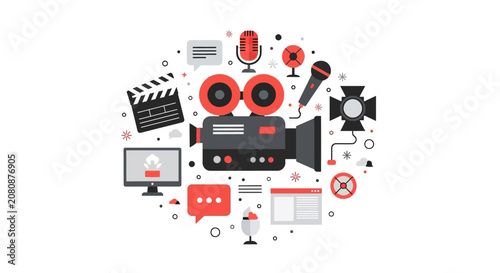 Professional Video Production and Digital Media Content Creation Icons Set for Cinema, Podcast, and Social Media Marketing