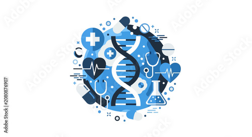 Global Healthcare and Medical Research Concept Illustration with DNA Helix, Heart, Stethoscope, and Pharmaceuticals in Flat Design Style