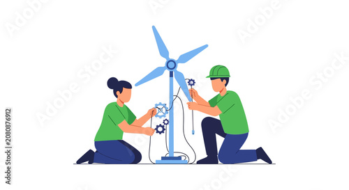 Renewable Energy Engineers Assembling Wind Turbine Flat Vector Illustration