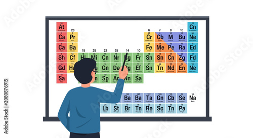 Science Teacher or Student Pointing at Periodic Table of Elements on Whiteboard, Chemistry Education Concept Illustration