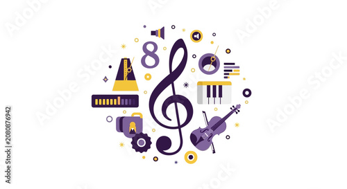 Music Production and Theory Concept with Treble Clef, Violin, Piano Keys and Audio Equipment Icons - Flat Vector Illustration on White Background