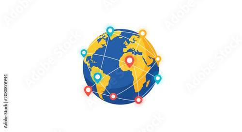 Global Connectivity Concept with World Map Globe and Connected Location Pins on White Background