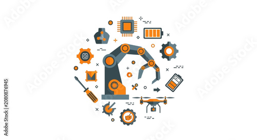 Industry 4.0 Concept Vector Art: Robotic Arm, Drone, Gears, and Microchips for Smart Manufacturing and Future Technology Development