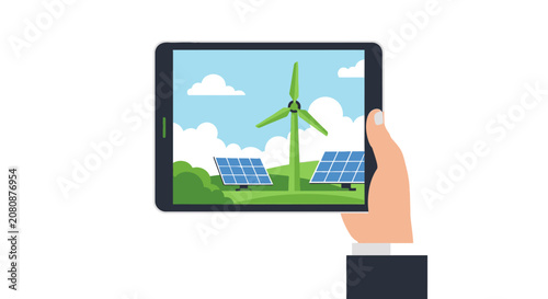 Hand Holding Tablet Displaying Green Renewable Energy Technology Concept with Solar Panels and Wind Turbine Illustration
