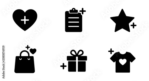 Tableau sur toile E-commerce wishlist icons set, black solid shopping vector symbols, add to favor