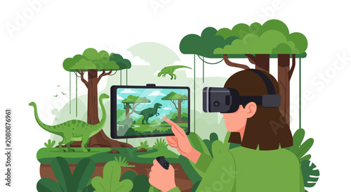 Woman Using VR Headset and Controller to Explore an Immersive Prehistoric Dinosaur World, EdTech and Virtual Reality Concept Illustration