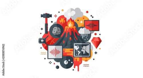 Volcano Eruption and Geological Science Flat Vector Illustration with Seismic Monitoring Icons, Lava, and Magma Concepts