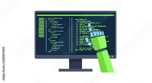 AI Robot Hand Programming on Computer Monitor, Automated Software Development Concept Vector Illustration