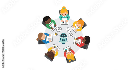 Diverse Group of Children Sitting Around a Table Learning with an AI Robot, Future of Education and Technology Concept Illustration