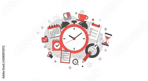 Time Management and Productivity Concept Illustration with Alarm Clock, Calendar, and Task List Icons