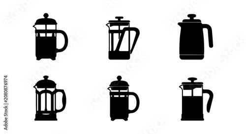 Foto French press coffee maker icon set, black silhouette vector illustration of 6 ca