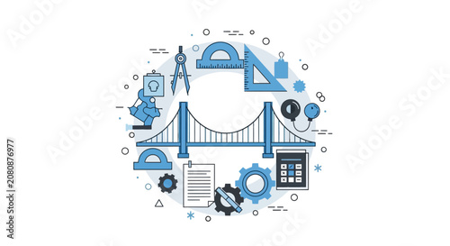 Civil Engineering and Bridge Infrastructure Design Concept Illustration with Architectural Tools, Gears, and Blueprints