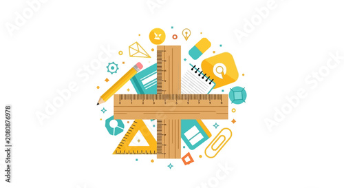 Flat Vector Illustration of Education and Design School Supplies with Rulers, Pencil, and Geometry Tools for Back to School Concept