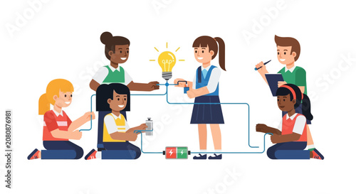 Diverse Group of Children Working on Electricity Science Project with Lightbulb and Wires, STEM Education Concept Vector Illustration