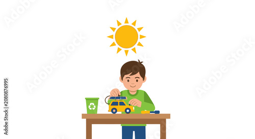 Young Boy Building Solar Powered Toy Car Illustration - STEM Education and Renewable Energy Concept for Kids