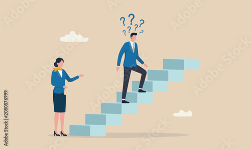Employee together career development concept, supportive businesswoman manager encourage employee to step on stair to success