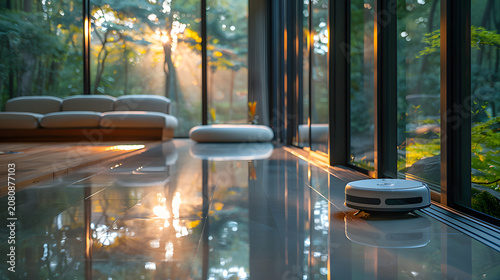 Futuristic Home Cleaning Robot in Minimal Interior with Large Glass Windows Sunlight 4K
