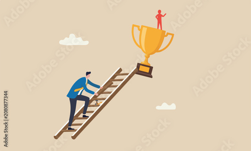 Foto Building ladder red man big success, strategy and plan growing and achieve targe