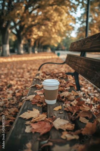 Coffee Cup Sits on a Wooden Bench Surrounded by Autumn Leaves in a Park Durin...