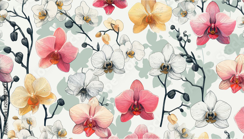 Obraz na plátně orchid galore floral seamless vector background pattern in doodle style