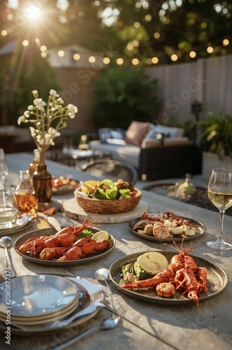 Elegant Outdoor Dining With Seafood and Drinks in a Garden During Sunset