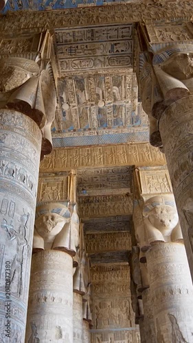 Dendera temple or Temple of Hathor. Painted columns with goddess faces and