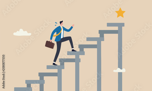 and to success goal, big step for career or adversity concept, businessman trying hard with full effort to climb up big ladder or stairway