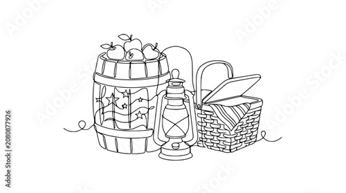 Rustic Autumn Picnic Scene: Barrel, Lantern, and Basket with Apples - Line Art