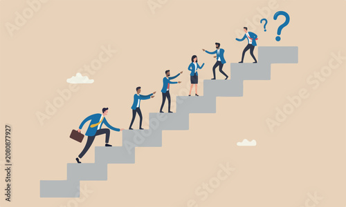 and together career or adversity concept, businessman trying hard with full effort to climb up big ladder or stairway