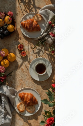 Morning Breakfast With Croissants, Coffee, and Fruits on a Table With Flowers