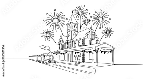 Vintage Train Station Arrival with Fireworks and Celebration