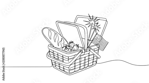 Picnic Basket with American Flag, Sparklers, Bread, and Berries - Continuous Line Art