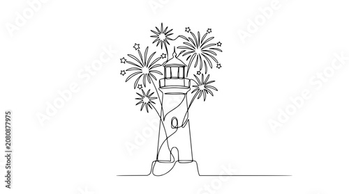 Minimalist Lighthouse with Fireworks Line Art - Continuous Drawing