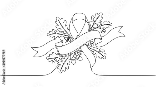 Autumn Ribbon and Oak Leaves - Single Line Drawing