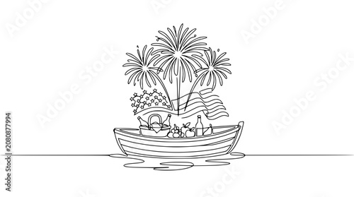 Festive Boat with Fireworks, American Flags, and Picnic Items - Continuous Line Art
