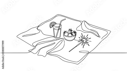 Continuous Line Drawing: Refreshing Summer Picnic with Strawberries and Drink