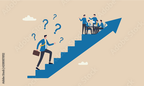 Improvement together concept, confidence businessman step walking up stair success rising arrow