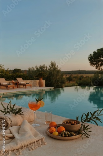 Relaxing by a Pool With Drinks and Snacks During a Sunset