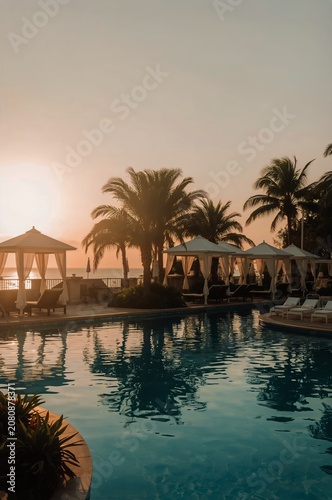 Sunset Over a Pool at a Resort With Palm Trees and Cabanas Near the Beach