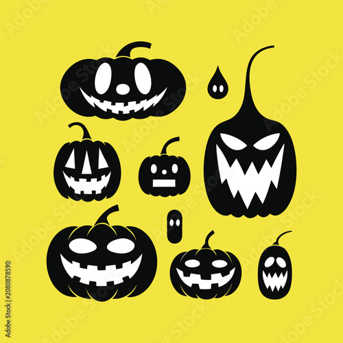 Obraz na plátne Halloween Scary Pumpkin Jack-o'-Lantern Vector Set on yellow..eps