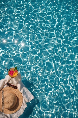 Relaxing by the Pool With a Drink and a Hat on a Sunny Day