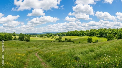 Beautiful green summer landscape with rolling hills and fluffy white clouds in a bright blue sky over the countryside