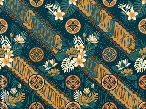 Elegant Indonesian batik inspired seamless pattern featuring tropical flowers, palm leaves, geometric ornaments and diagonal motifs. Ideal for looping motion backgrounds, textiles and wallpapers.