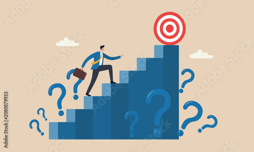 and red target lines and minimal shading for career or adversity concept, businessman trying hard with full effort to climb up big ladder or stairway
